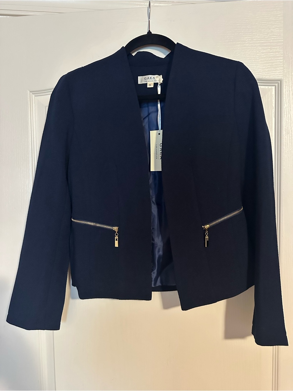 Navy Zip-Pocket Open Front Blazer Jacket